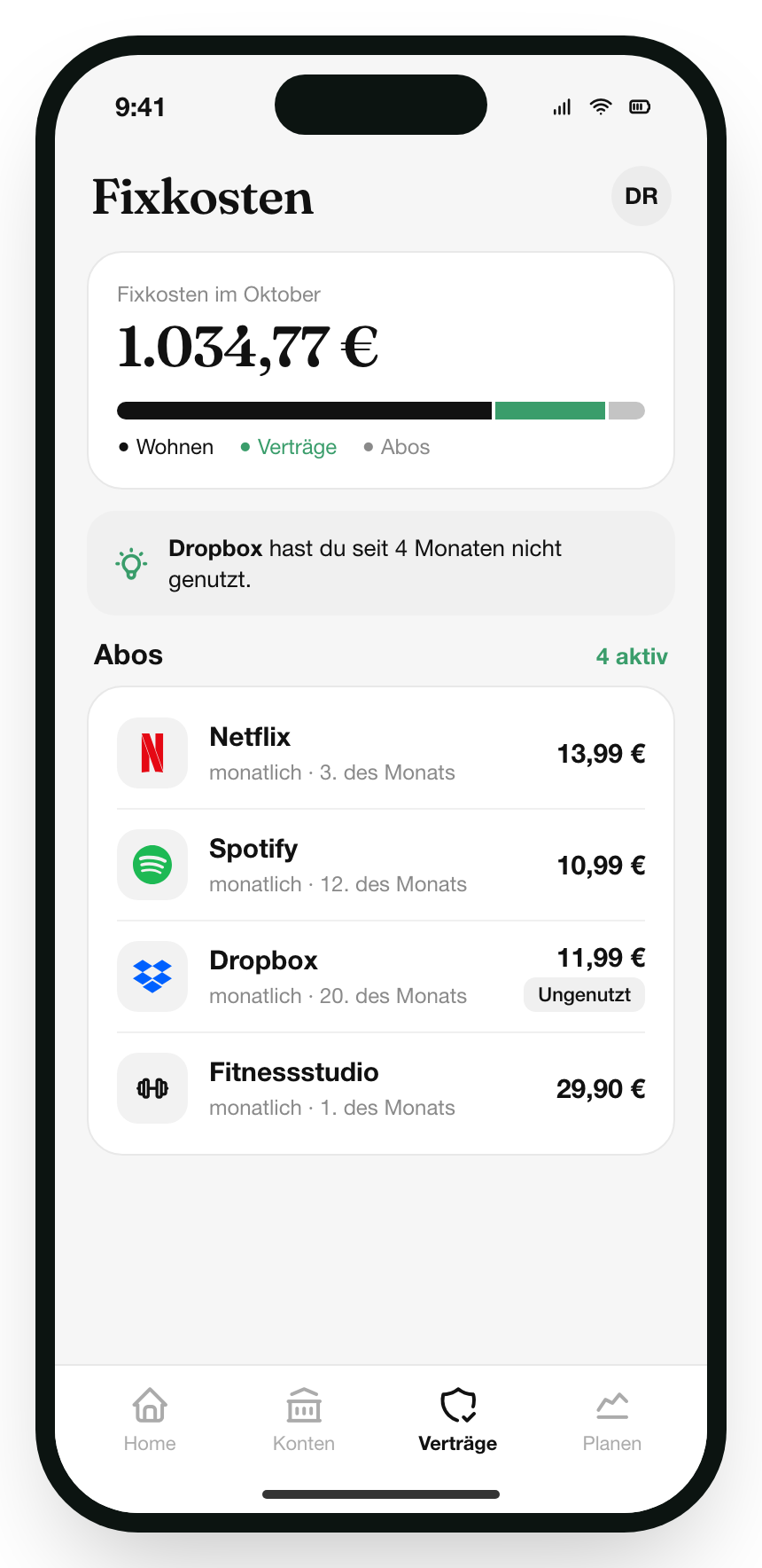 Centora App: Fixkosten