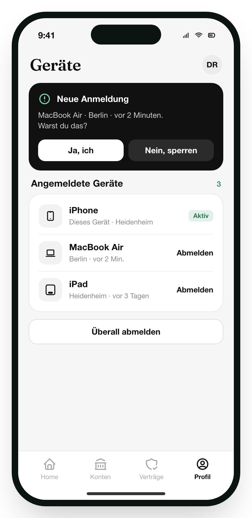 Centora App: angemeldete Geräte